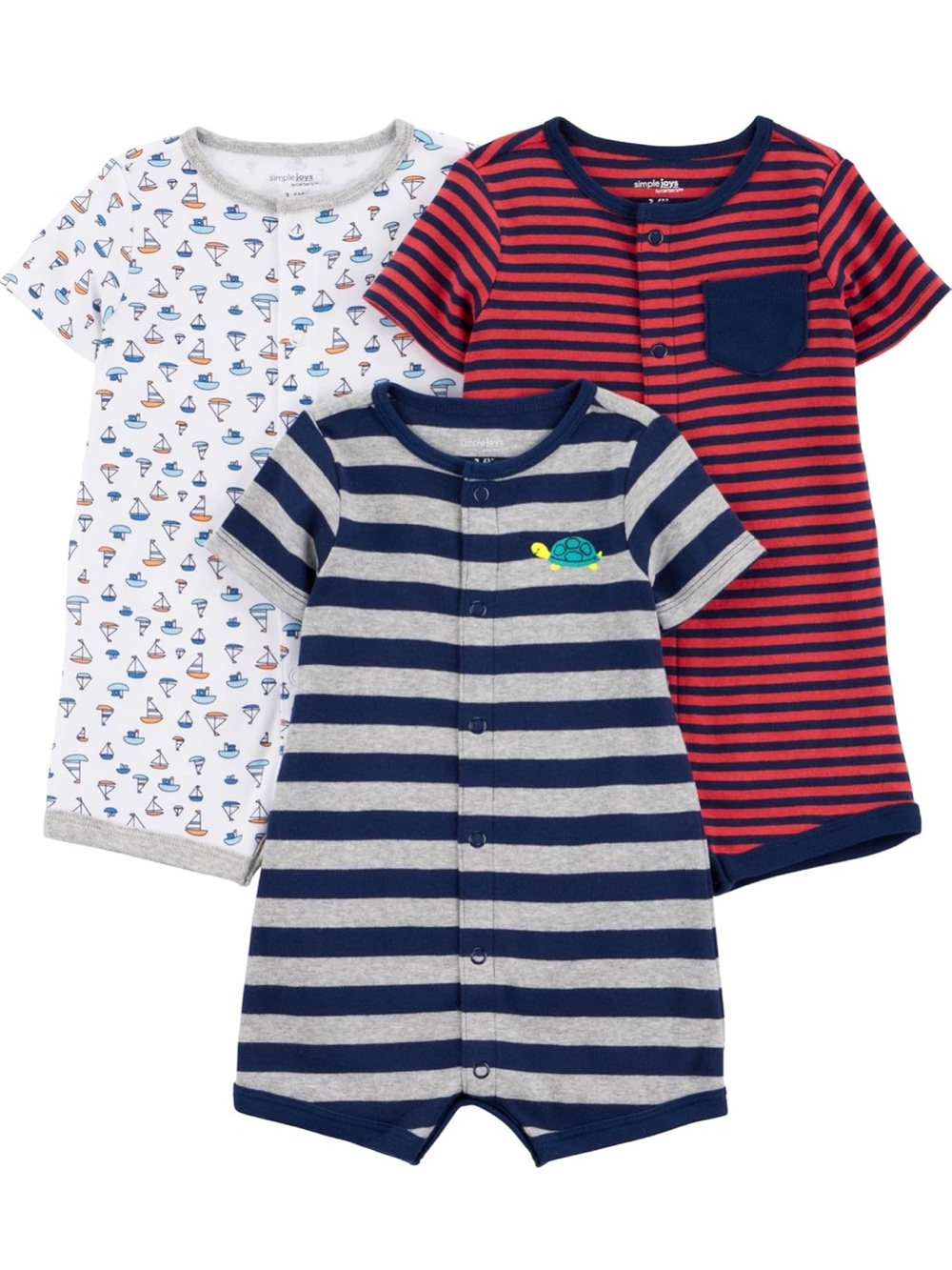 Simple Joys 3-Pack Baby Rompers -Navy Stripe, Red Stripe, White Sailboats Turtle